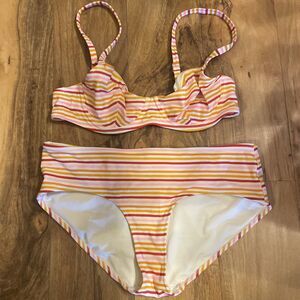 Aerie Candy Striped Bikini-Underwire top 32 B Full Seat Bottoms M Pink